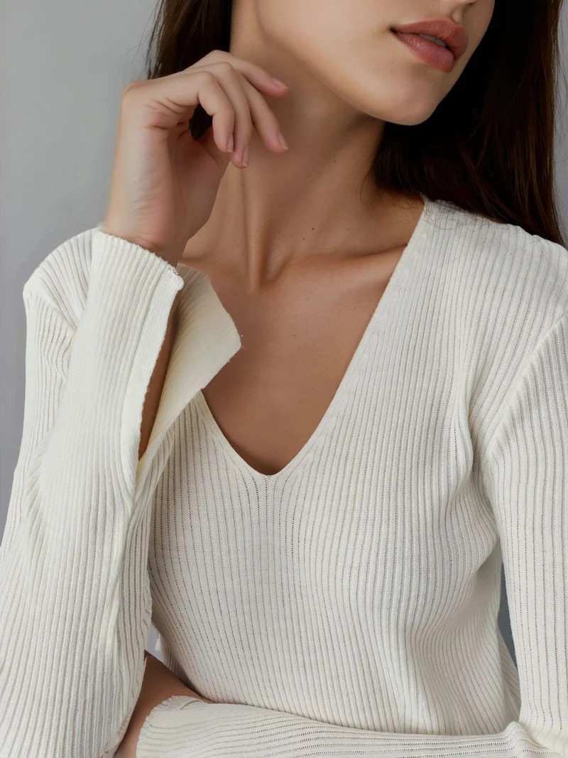 MY FASHION Dusty White MY FASHION V-Neck Textured Maxi Knit Dress with Slit for Women | Best Price UAE